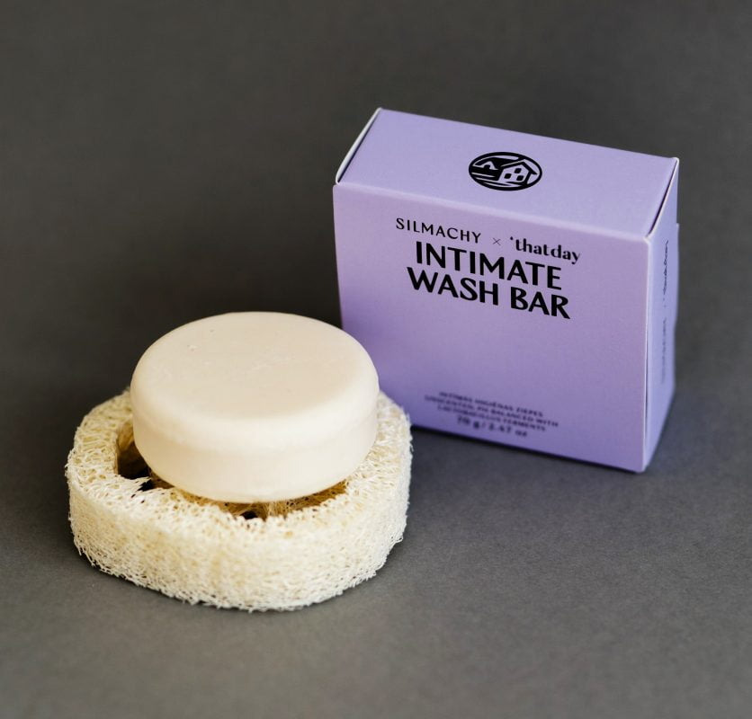 Intimate wash bar with loofah sponge